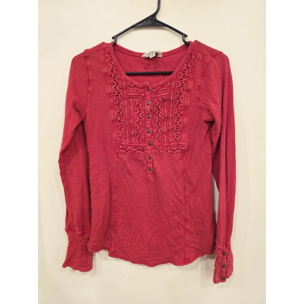 Lucky Brand Women's Thermal‎ Crochet Henley Top Size Medium Boho Cottage